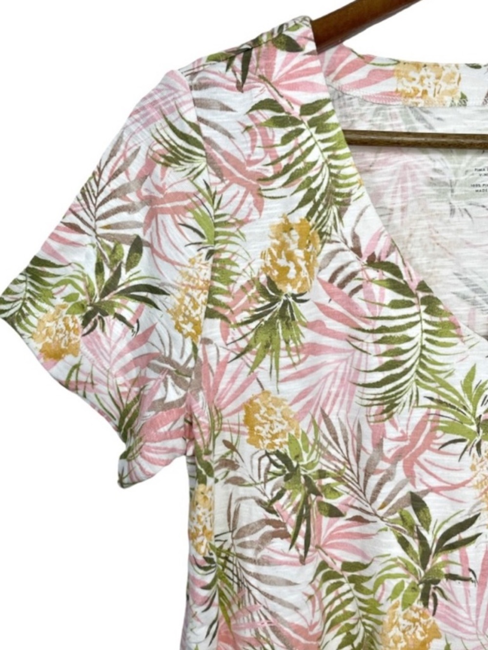 J. Jill Pima Slub Knit V-Neck Tee Shirt Pineapple Palm Print Womens Size M NWT - Picture 7 of 16